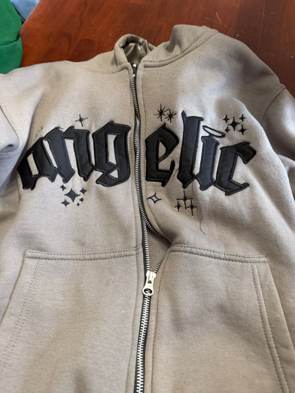 Angelic Kids Zip-Up Hoodie Jacket - Gray with Black Appliqué